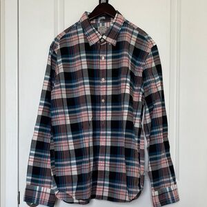 J. Crew Men's Plaid Button-Down Shirt in Blue, Black & White with Red Accents